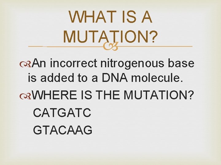 WHAT IS A MUTATION? An incorrect nitrogenous base is added to a DNA molecule.