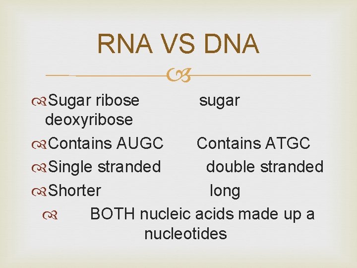 RNA VS DNA Sugar ribose sugar deoxyribose Contains AUGC Contains ATGC Single stranded double