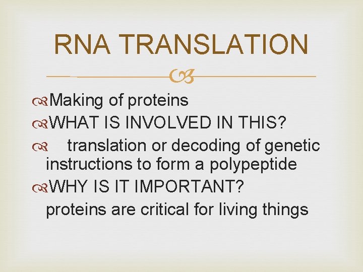 RNA TRANSLATION Making of proteins WHAT IS INVOLVED IN THIS? translation or decoding of