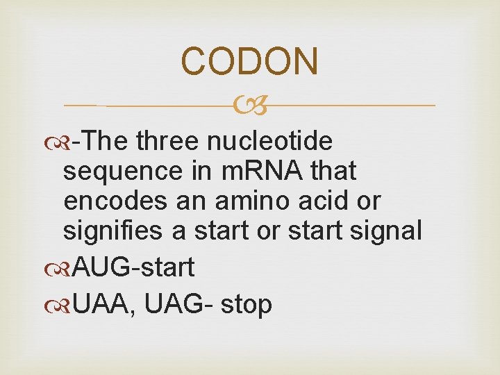 CODON -The three nucleotide sequence in m. RNA that encodes an amino acid or