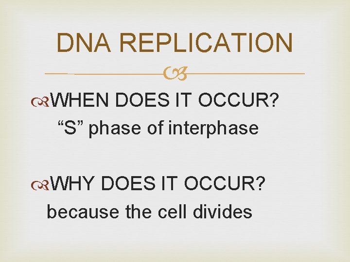 DNA REPLICATION WHEN DOES IT OCCUR? “S” phase of interphase WHY DOES IT OCCUR?