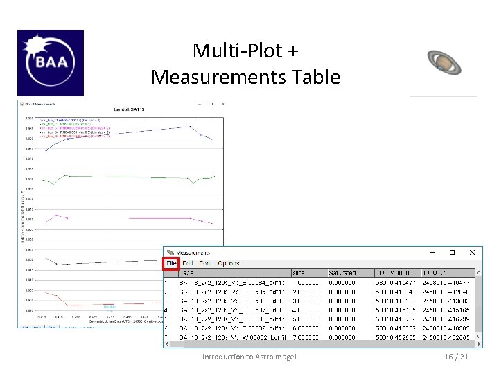Multi-Plot + Measurements Table Introduction to Astro. Image. J 16 / 21 
