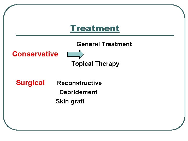 Treatment General Treatment Conservative Topical Therapy Surgical Reconstructive Debridement Skin graft 