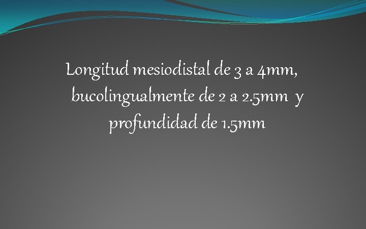 Longitud mesiodistal de 3 a 4 mm, bucolingualmente de 2 a 2. 5 mm