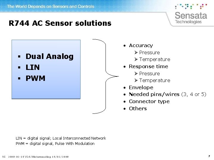 R 744 AC Sensor solutions § Dual Analog § LIN § PWM • Accuracy