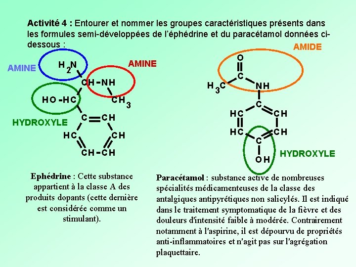Activité 4 : Entourer et nommer les groupes caractéristiques présents dans les formules semi-développées Activité 4 : Entourer et nommer les groupes caractéristiques présents dans les formules semi-développées