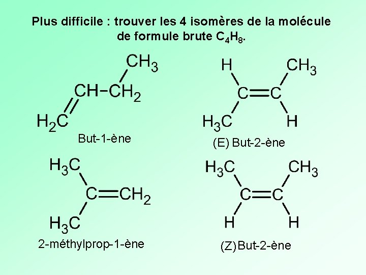 Plus difficile : trouver les 4 isomères de la molécule de formule brute C Plus difficile : trouver les 4 isomères de la molécule de formule brute C