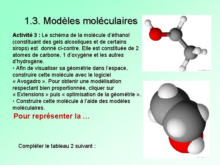 1. 3. Modèles moléculaires Activité 3 : Le schéma de la molécule d’éthanol (constituant 1. 3. Modèles moléculaires Activité 3 : Le schéma de la molécule d’éthanol (constituant