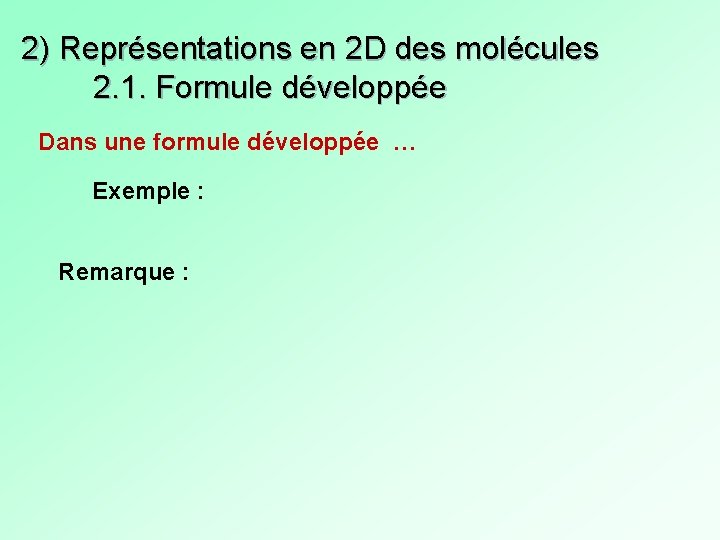 2) Représentations en 2 D des molécules 2. 1. Formule développée Dans une formule 2) Représentations en 2 D des molécules 2. 1. Formule développée Dans une formule