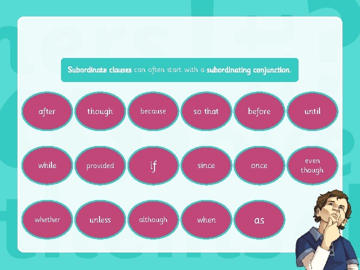 Subordinate clauses can often start with a subordinating conjunction. after though because so that