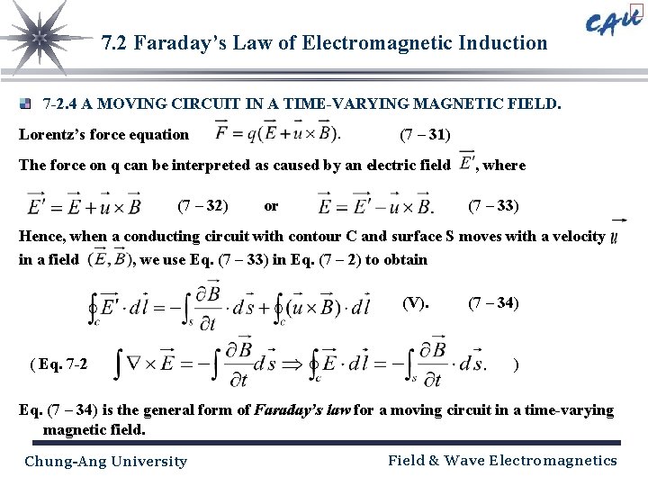 7. 2 Faraday’s Law of Electromagnetic Induction 7 -2. 4 A MOVING CIRCUIT IN