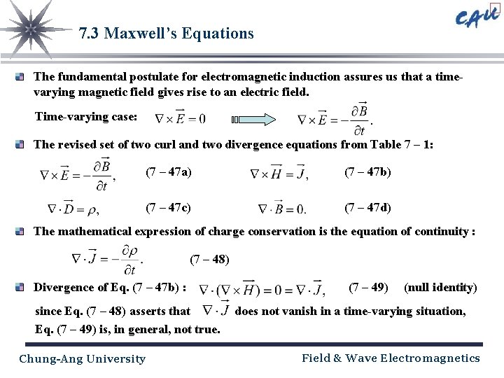 7. 3 Maxwell’s Equations The fundamental postulate for electromagnetic induction assures us that a