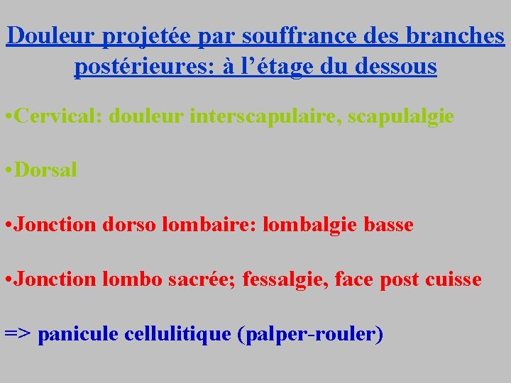Douleur projetée par souffrance des branches postérieures: à l’étage du dessous • Cervical: douleur