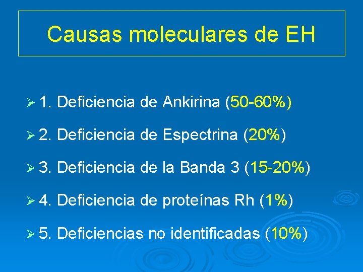 Causas moleculares de EH Ø 1. Deficiencia de Ankirina (50 -60%) Ø 2. Deficiencia