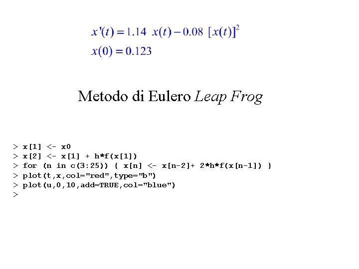 Metodo di Eulero Leap Frog > > > x[1] <- x 0 x[2] <-