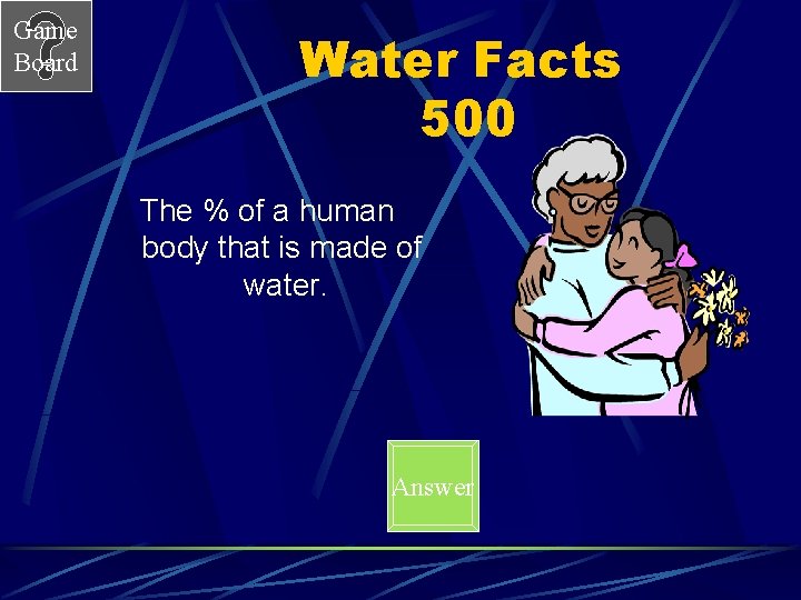 Game Board Water Facts 500 The % of a human body that is made