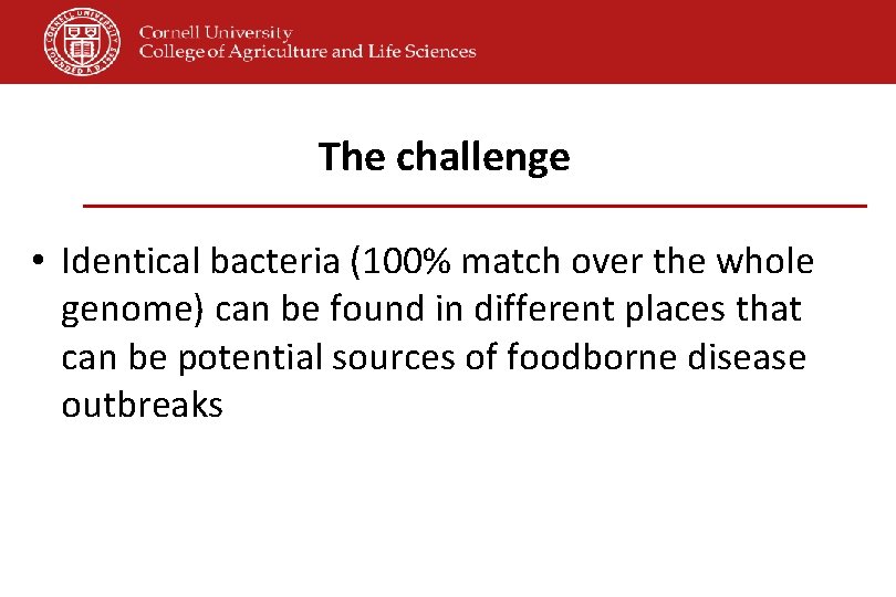 The challenge • Identical bacteria (100% match over the whole genome) can be found