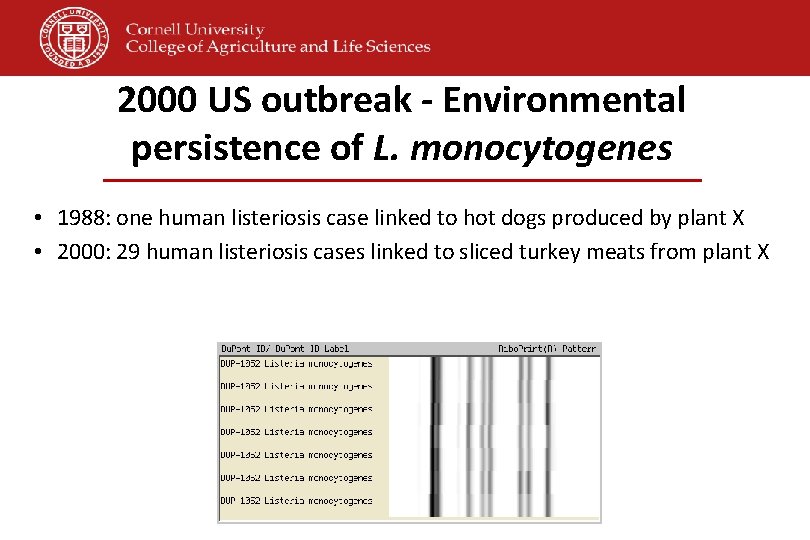 2000 US outbreak - Environmental persistence of L. monocytogenes • 1988: one human listeriosis