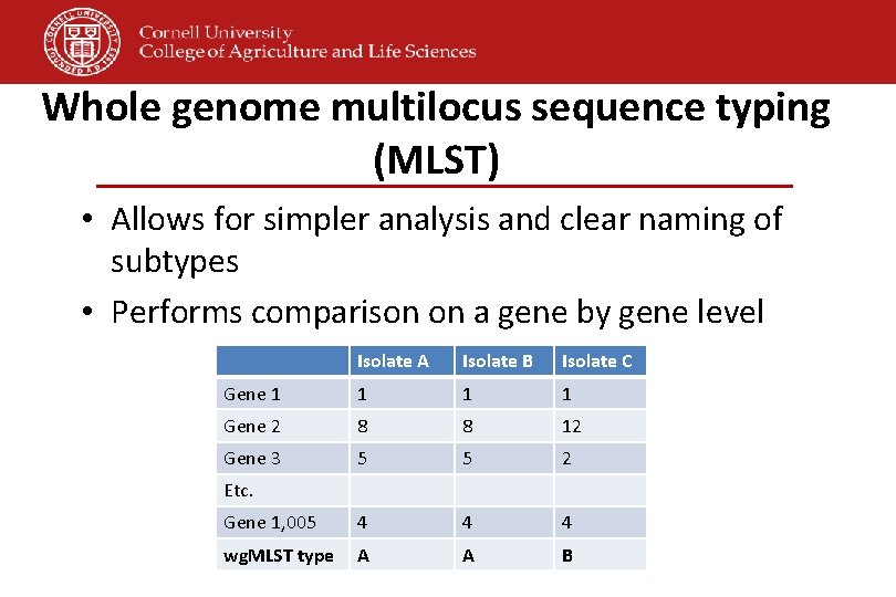 Whole genome multilocus sequence typing (MLST) • Allows for simpler analysis and clear naming
