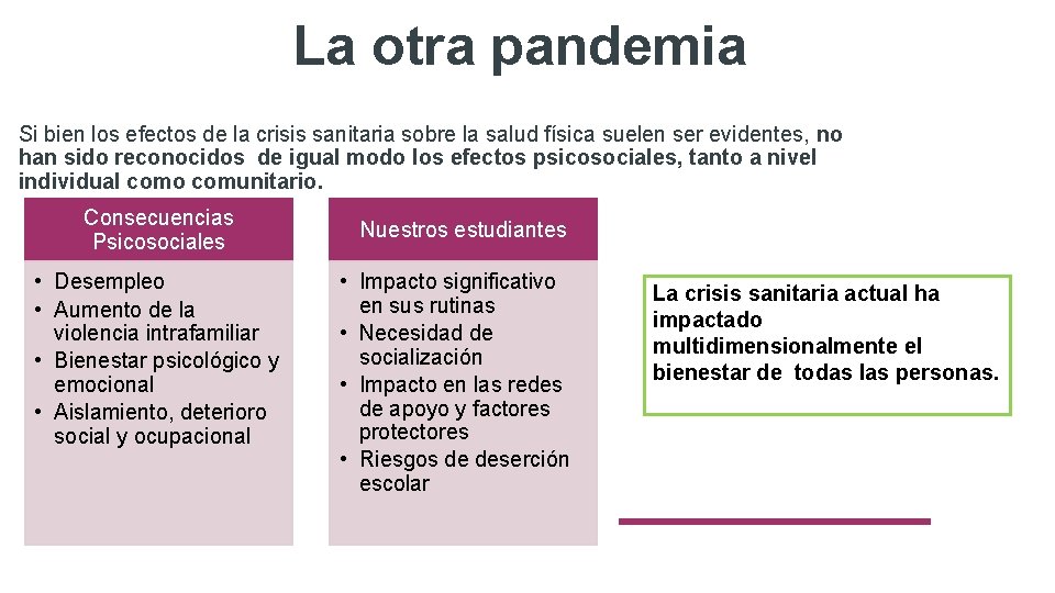 La otra pandemia Si bien los efectos de la crisis sanitaria sobre la salud