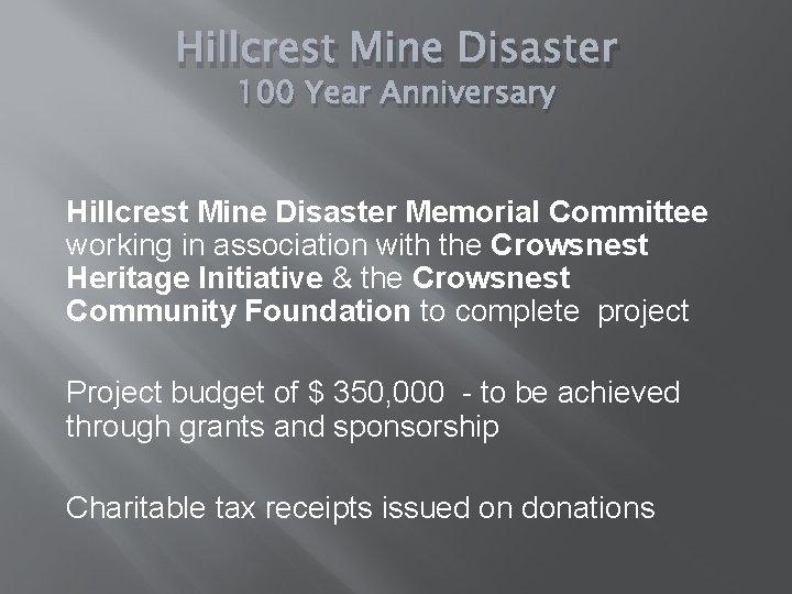 Hillcrest Mine Disaster 100 Year Anniversary Hillcrest Mine Disaster Memorial Committee working in association