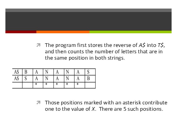  The program first stores the reverse of A$ into T$, and then counts