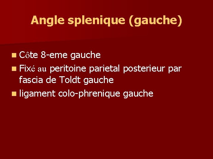 Angle splenique (gauche) n Côte 8 -eme gauche n Fixé au peritoine parietal posterieur