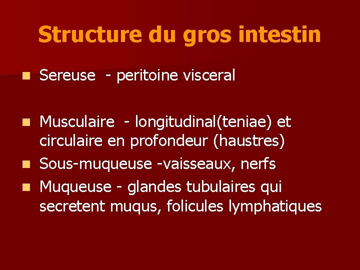 Structure du gros intestin n Sereuse - peritoine visceral Musculaire - longitudinal(teniae) et circulaire