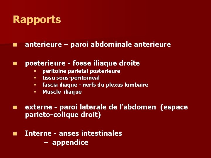 Rapports n anterieure – paroi abdominale anterieure n posterieure - fosse iliaque droite §