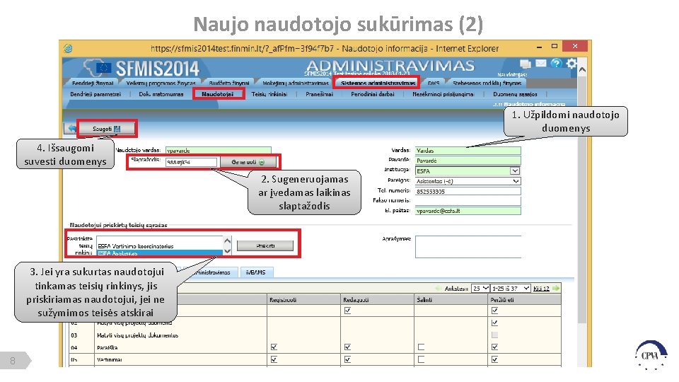 Naujo naudotojo sukūrimas (2) 1. Užpildomi naudotojo duomenys 4. Išsaugomi suvesti duomenys 2. Sugeneruojamas