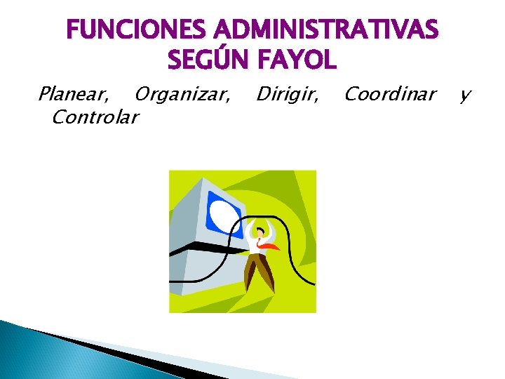 FUNCIONES ADMINISTRATIVAS SEGÚN FAYOL Planear, Organizar, Controlar Dirigir, Coordinar y 