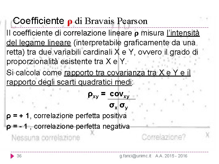 Coefficiente ρ di Bravais Pearson Il coefficiente di correlazione lineare ρ misura l’intensità del Coefficiente ρ di Bravais Pearson Il coefficiente di correlazione lineare ρ misura l’intensità del