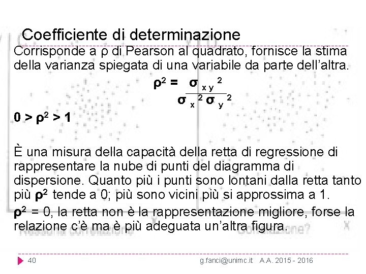Coefficiente di determinazione Corrisponde a ρ di Pearson al quadrato, fornisce la stima della Coefficiente di determinazione Corrisponde a ρ di Pearson al quadrato, fornisce la stima della