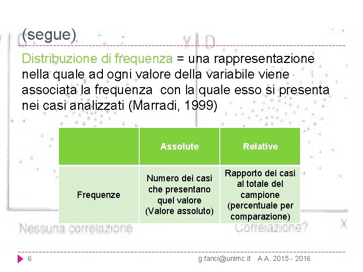 (segue) Distribuzione di frequenza = una rappresentazione nella quale ad ogni valore della variabile