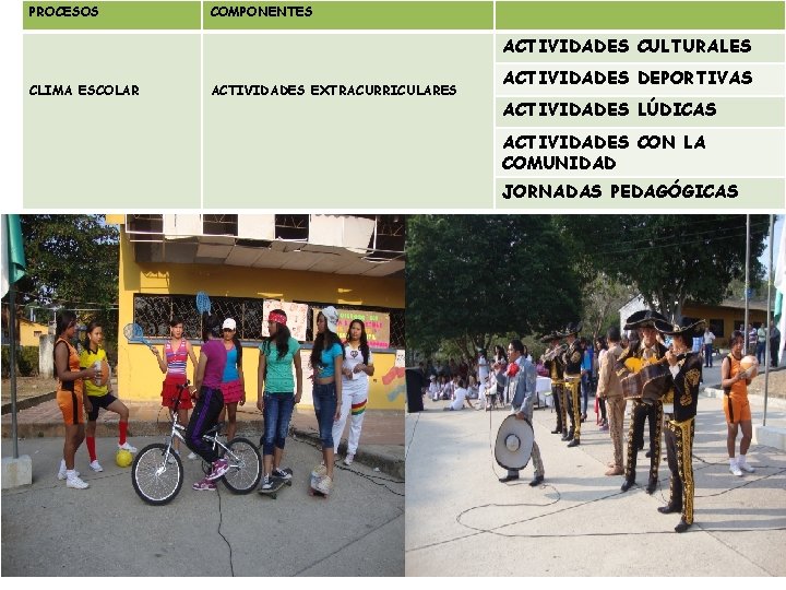 PROCESOS COMPONENTES ACTIVIDADES CULTURALES CLIMA ESCOLAR ACTIVIDADES EXTRACURRICULARES ACTIVIDADES DEPORTIVAS ACTIVIDADES LÚDICAS ACTIVIDADES CON