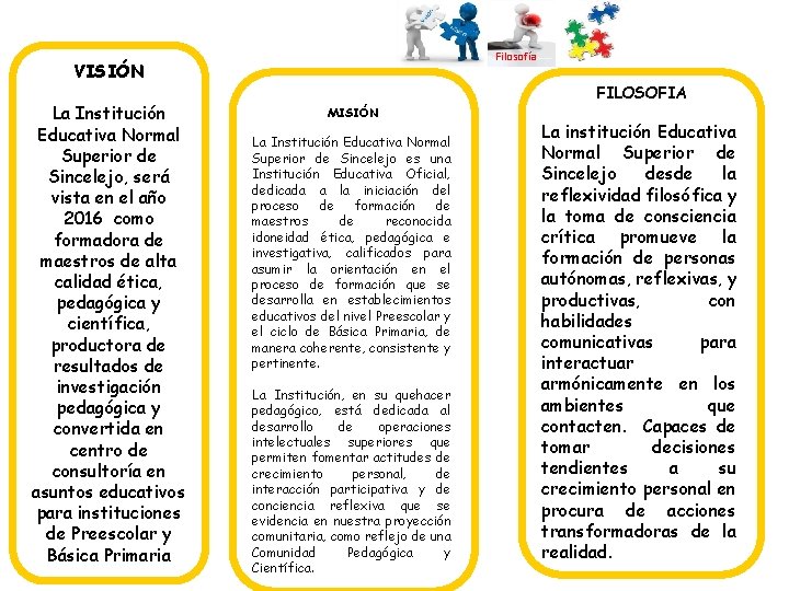 Filosofía VISIÓN La Institución Educativa Normal Superior de Sincelejo, será vista en el año