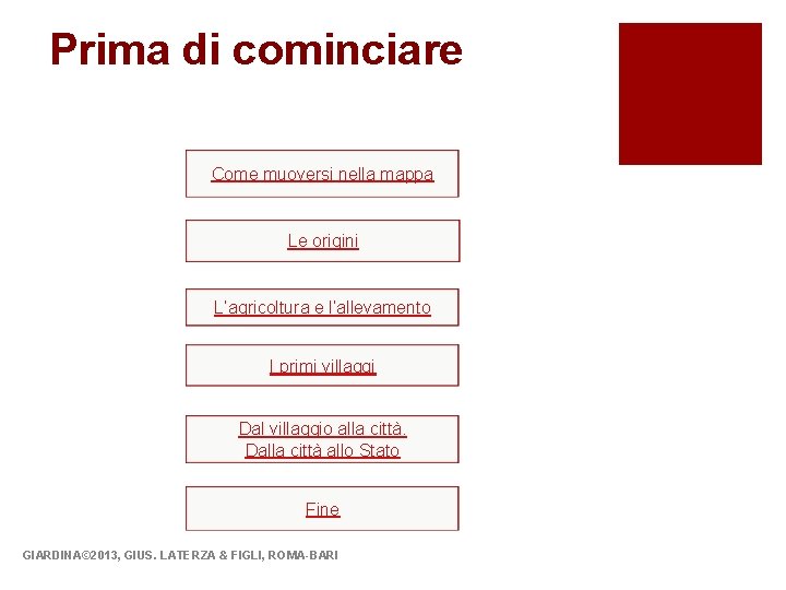 Prima di cominciare Come muoversi nella mappa Le origini L’agricoltura e l’allevamento I primi Prima di cominciare Come muoversi nella mappa Le origini L’agricoltura e l’allevamento I primi