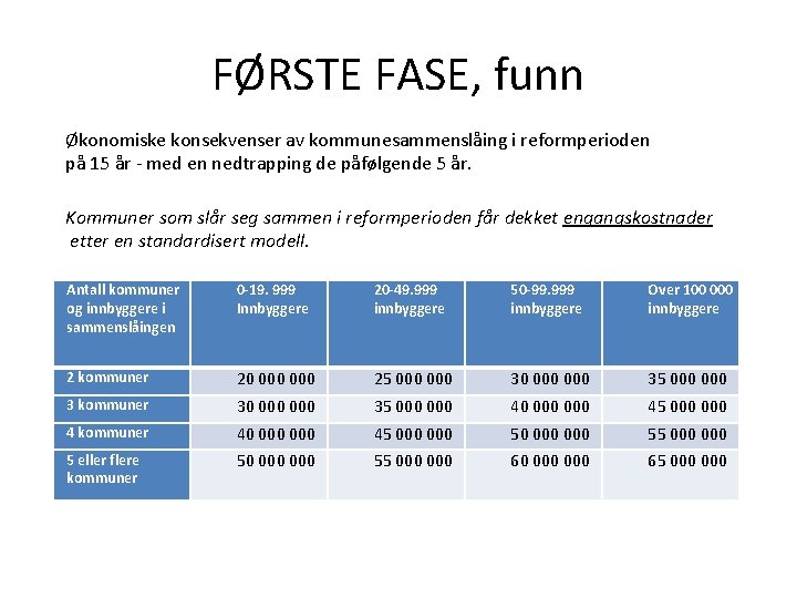 FØRSTE FASE, funn Økonomiske konsekvenser av kommunesammenslåing i reformperioden på 15 år - med