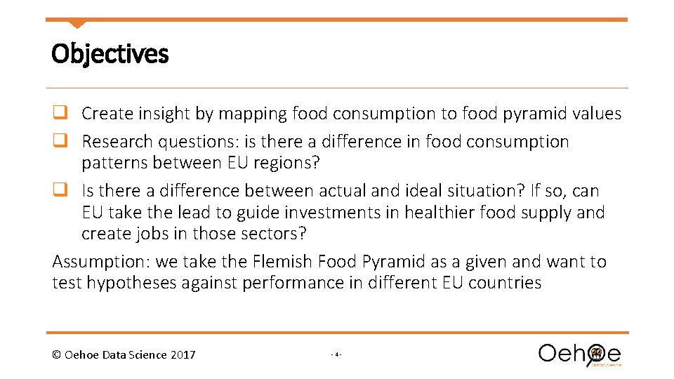 Objectives q Create insight by mapping food consumption to food pyramid values q Research