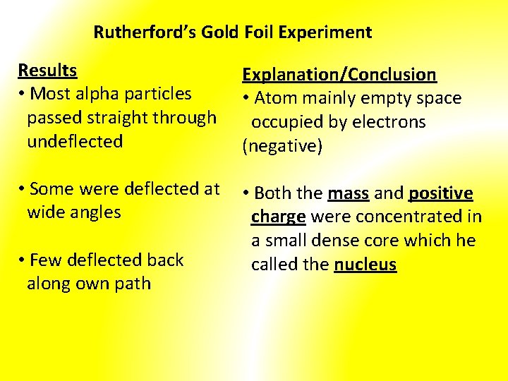 Rutherford’s Gold Foil Experiment Results • Most alpha particles passed straight through undeflected Explanation/Conclusion