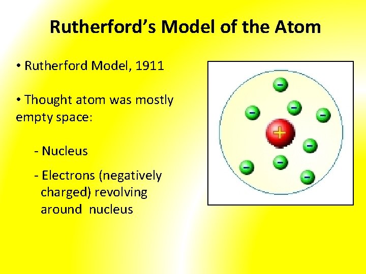 Rutherford’s Model of the Atom • Rutherford Model, 1911 • Thought atom was mostly