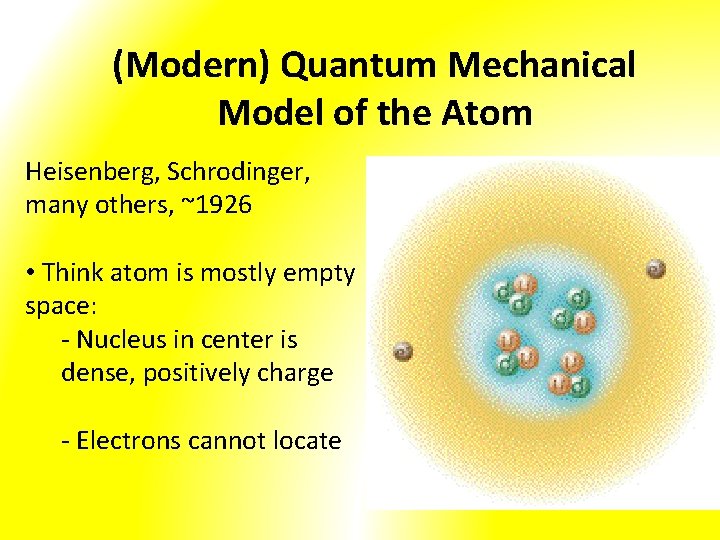 (Modern) Quantum Mechanical Model of the Atom Heisenberg, Schrodinger, many others, ~1926 • Think