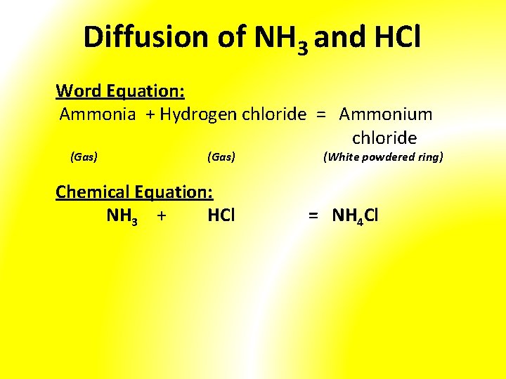 Diffusion of NH 3 and HCl Word Equation: Ammonia + Hydrogen chloride = Ammonium