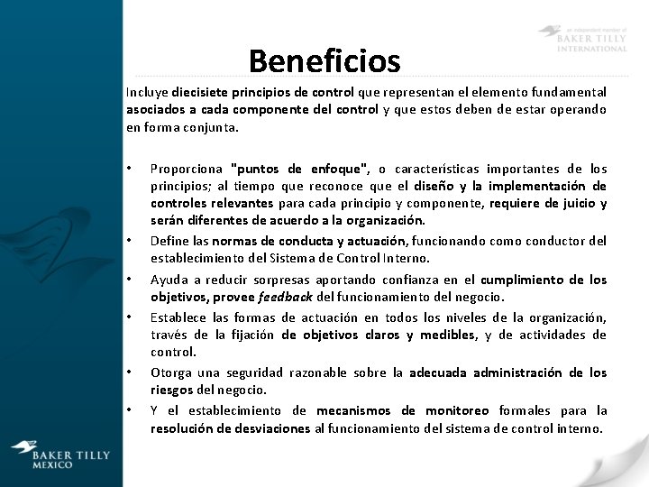Beneficios Incluye diecisiete principios de control que representan el elemento fundamental asociados a cada
