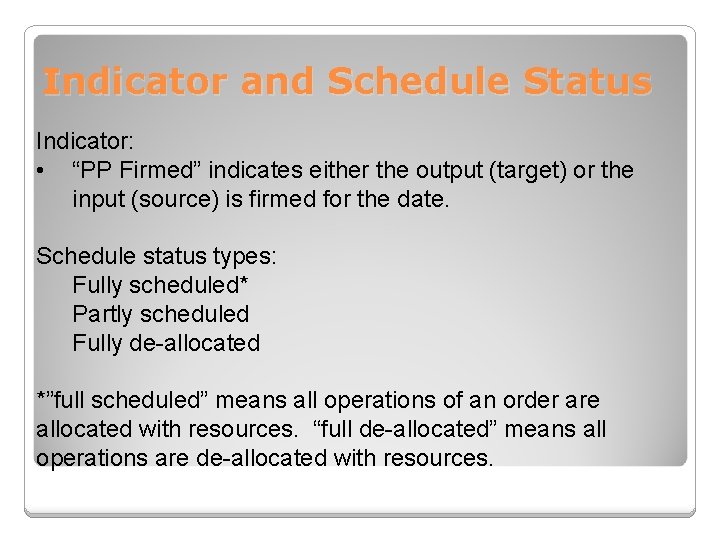 Indicator and Schedule Status Indicator: • “PP Firmed” indicates either the output (target) or