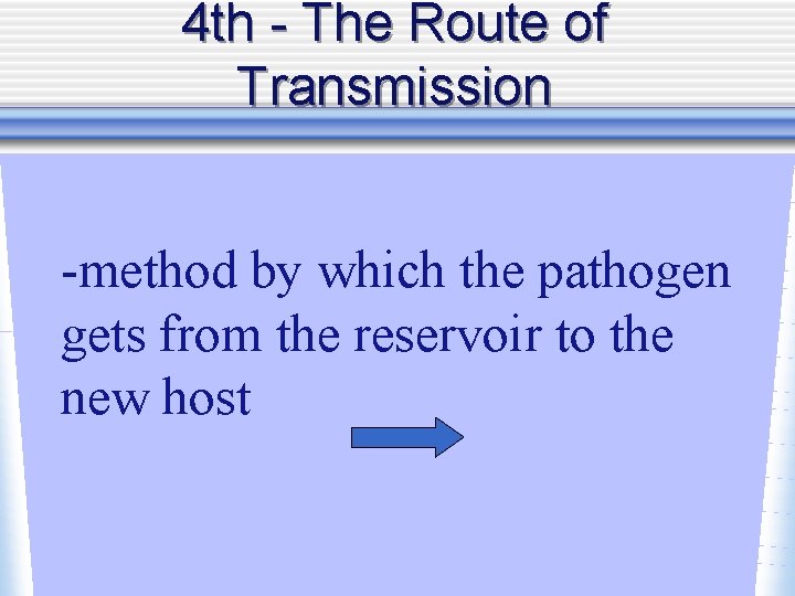 4 th - The Route of Transmission -method by which the pathogen gets from