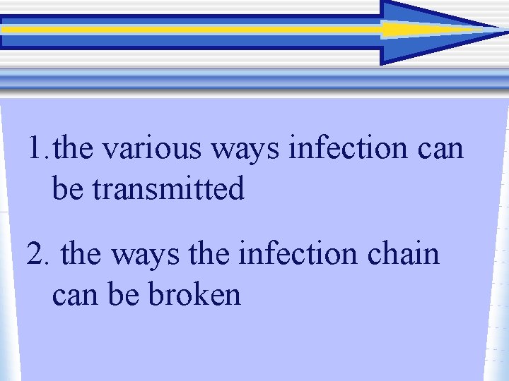 1. the various ways infection can be transmitted 2. the ways the infection chain