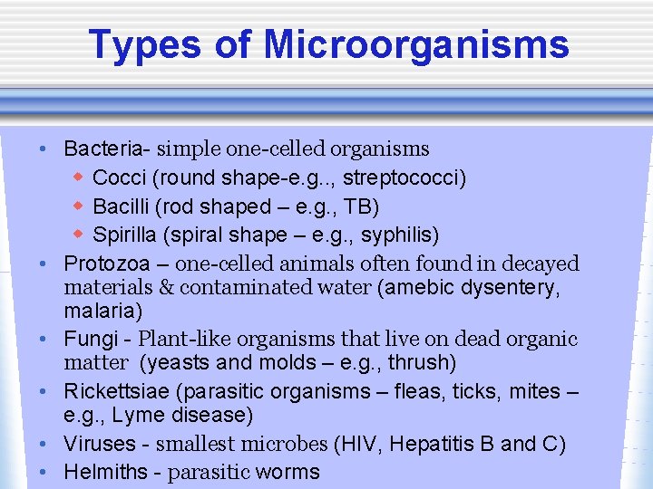 Types of Microorganisms • Bacteria- simple one-celled organisms w Cocci (round shape-e. g. .