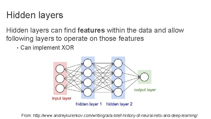 Hidden layers can find features within the data and allow following layers to operate Hidden layers can find features within the data and allow following layers to operate