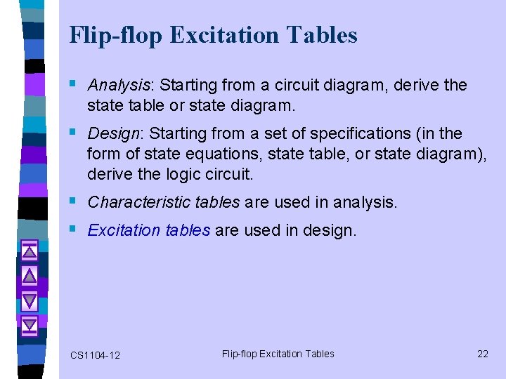 Flip-flop Excitation Tables § Analysis: Starting from a circuit diagram, derive the state table